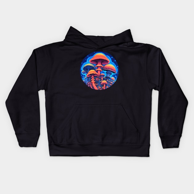 Glowing Mycelium: Neon Mushroom Magic Kids Hoodie by kbark